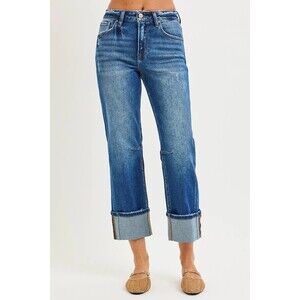 RISEN High Rise Straight Jeans with Distressed Hem